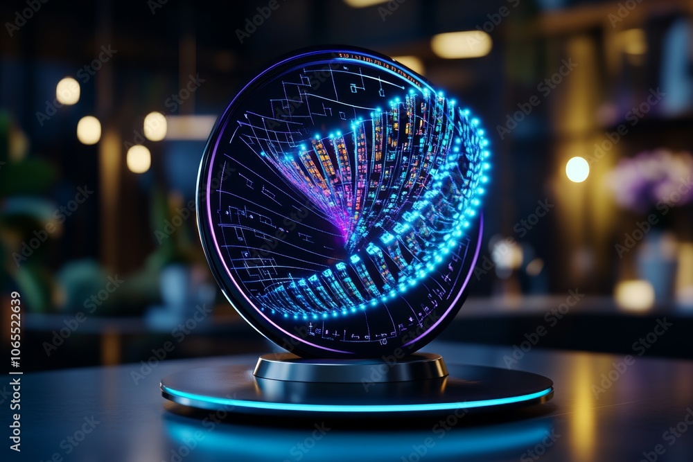 Poster Holographic screen showing a factorization problem being solved digitally with animated steps, representing futuristic learning in mathematics