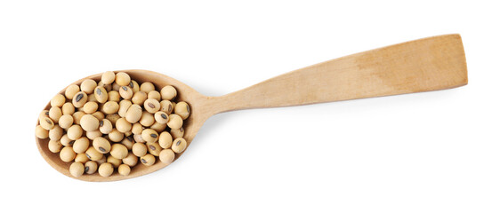 Spoon with soy beans isolated on white, top view