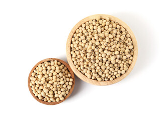 Soy beans in bowls isolated on white, top view