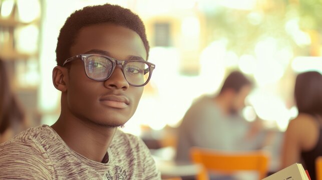 Contemplative Young African American Man with Glasses in Cafe Setting for Lifestyle and Education Themes. Generative ai