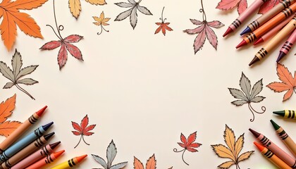 Autumn leaves and crayons on white background for fall decor