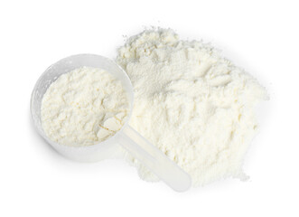 Protein powder and scoop isolated on white, top view