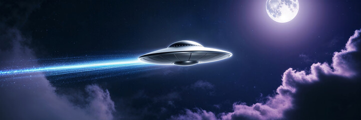 Obraz premium Alien Ufo Space Ship Zooming Across the Sky, Trail Behind, Dark Blue Night Evening, Clouds & Skyline, Science Fiction Illustration