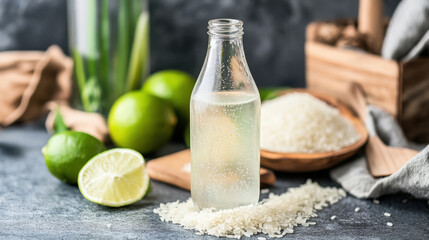 Refreshing Rice Water Drink with Limes and Fresh Ingredients for Culinary and Skincare Uses. Generative ai