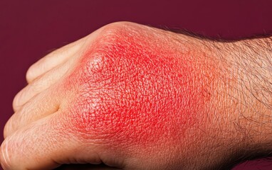 Fototapeta premium Close-up of a hand with a red rash on a maroon background.