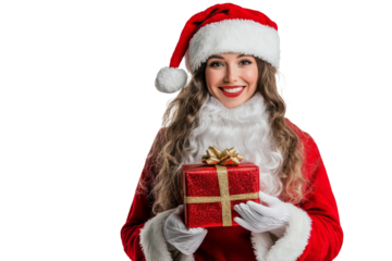 Festive Santa woman with joyful smile, embracing the holiday spirit, isolated on transparent background, perfect for Christmas and new year celebrations
