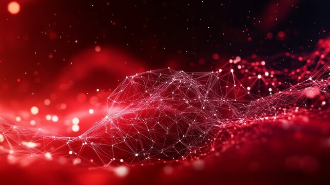 Abstract red tech background with digital waves, dynamic network system, artificial neural connections, cyber quantum computing and electronic global intelligence