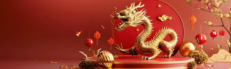 Fototapeta premium Dragon 3D chinese 2024 year gold new lunar cny podium happy background red golden. Chinese dragon 3D banner china festive illustration invitation money party green japanese render celebration blue. 