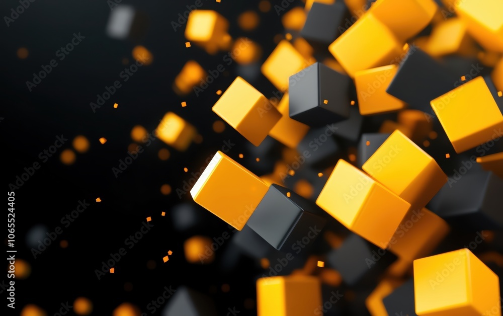 Poster colorful 3d cubes floating in a dynamic pattern against a dark background
