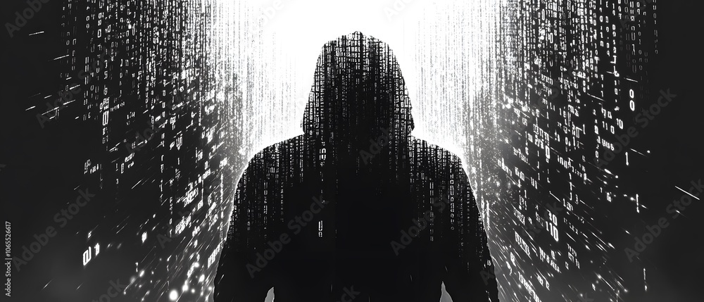 Poster Mysterious Figure Surrounded by Digital Data Streams