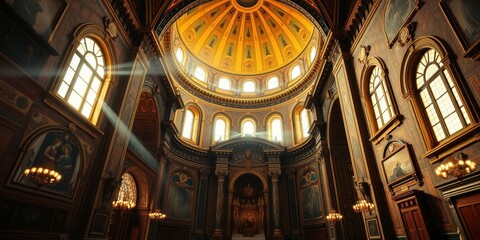 Obraz premium Sunbeams illuminate the ornate interior of a grand cathedral, casting a golden glow on the vaulted ceiling and intricate details.