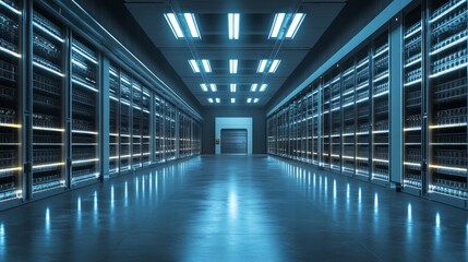 Server Room Corridor with Blue Fluorescent Lights and Glass-Fronted Cabinets