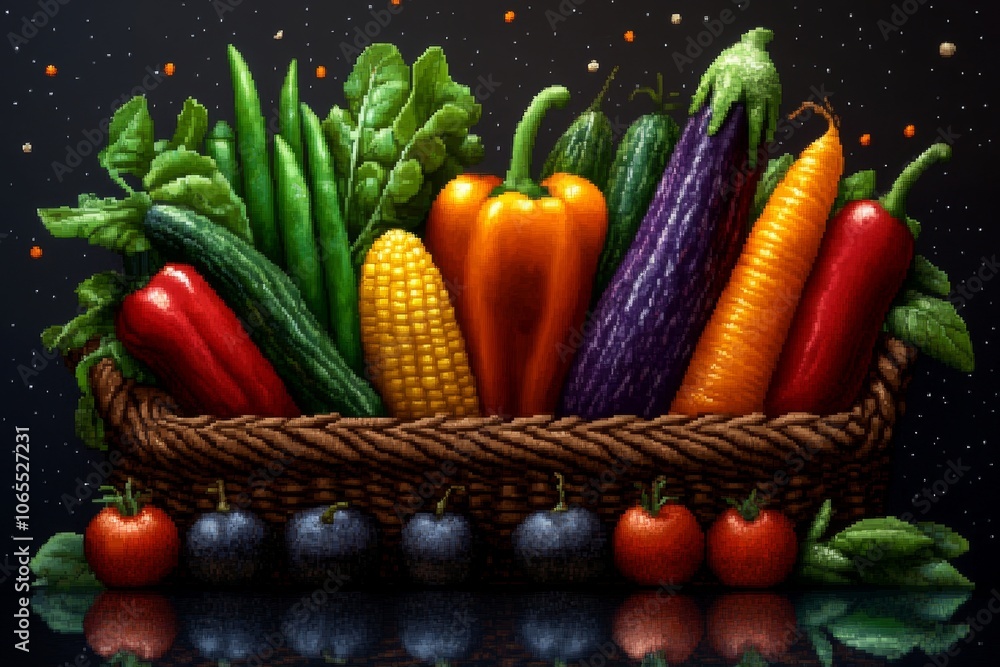 Poster pixel art of a selection of colorful organic vegetables in a rustic basket, evoking a retro gaming s