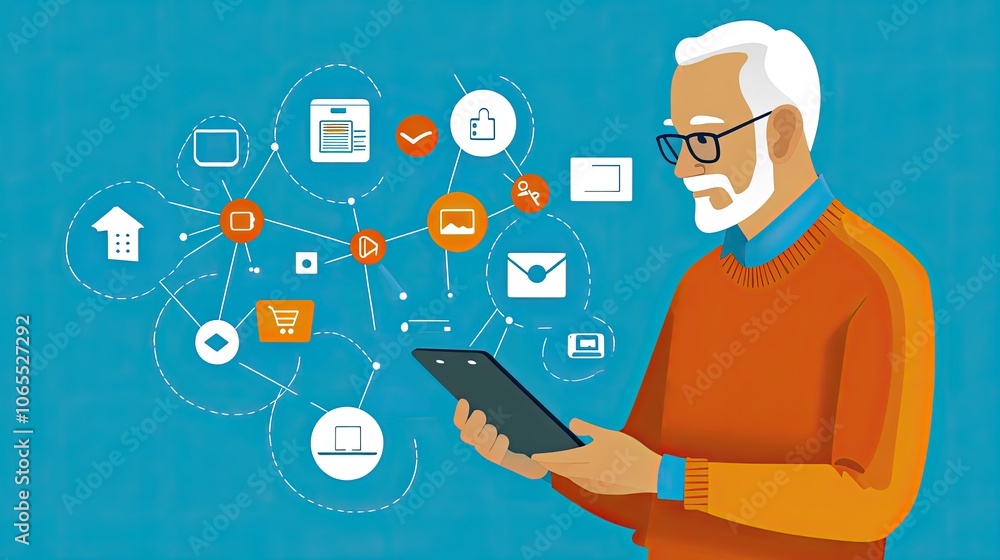 Poster senior man using a tablet with large icons designed for easier navigation and accessibility.