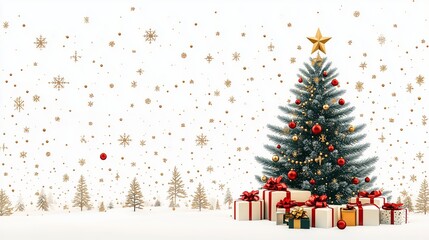 Obraz premium A beautiful Christmas tree decorated with red and gold balls, with gifts at the bottom. Against the background of golden snowflakes. Minimalistic and incendiary design, New Year's design. copy space