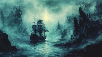 Fototapeta premium A lone ship sails through a misty and perilous sea, flanked by ominous rock formations.
