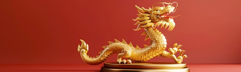 Fototapeta premium Dragon 3D chinese 2024 year gold new lunar cny podium happy background red golden. Chinese dragon 3D banner china festive illustration invitation money party green japanese render celebration blue. 