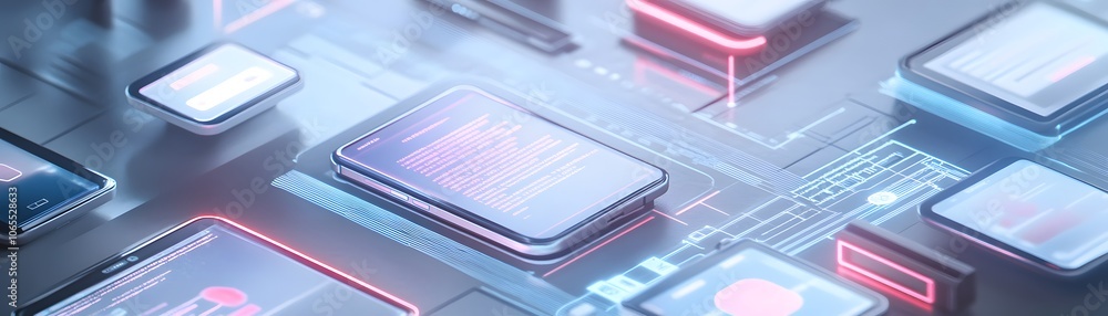 Poster futuristic digital interface with multiple devices and glowing lines