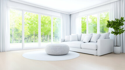 Bright, cozy living room featuring a large white sectional sofa, a textured round ottoman, and minimalistic decor