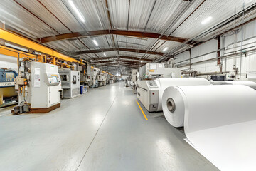 Obraz premium Brightly lit industrial printing house showcasing large rolls of white paper and advanced machines on a conveyor belt