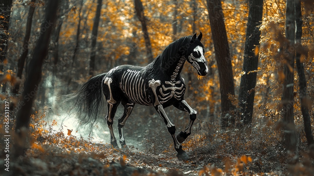 Poster a black horse with a skeleton pattern running through an autumn forest