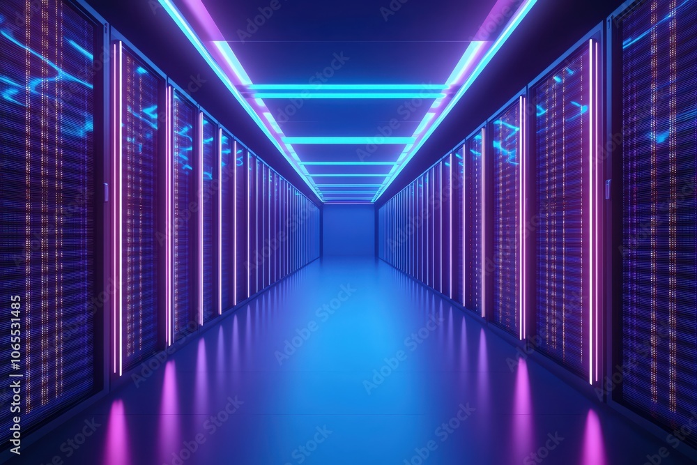 Poster futuristic data center corridor with neon lights and server racks.
