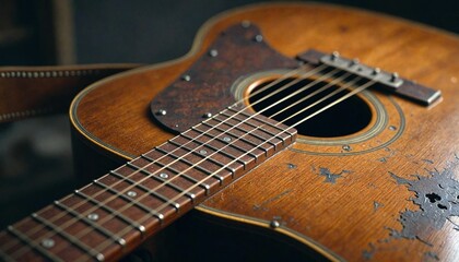Obraz premium Worn Old Guitar with Leather Strap