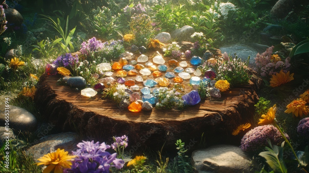 Poster A Collection of Gemstones Arranged on a Tree Stump in a Lush Forest Setting