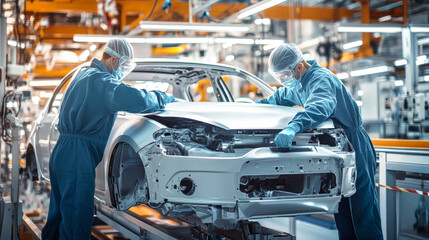 Fototapeta premium Workers in protective gear apply paint to a car body on the production line in a modern factory with a sleek industrial design