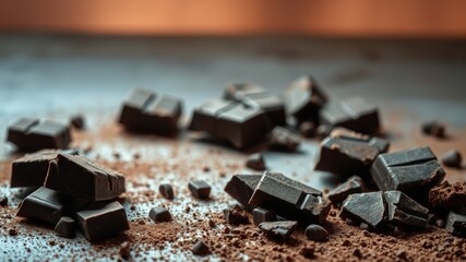 Close-up of dark chocolate squares scattered on a surface, dusted with cocoa powder, revealing a rich, indulgent texture