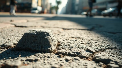 Naklejka premium A solitary stone protrudes from the weathered cobblestone street, casting a shadow in the afternoon sun.