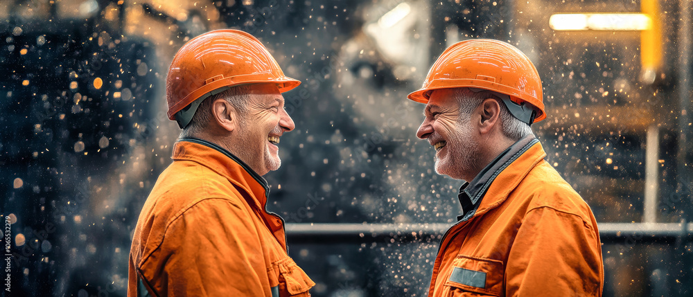 Poster two middle-aged factory workers share a laugh while discussing their tasks in a vibrant industrial s
