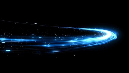 Obraz premium Abstract blue glowing light speed effect background with a curved path for technology and digital design, illustration of a fast motion trail in the night sky.