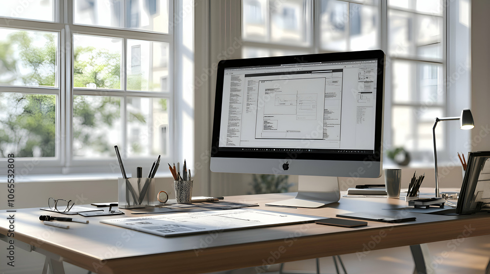 Poster a modern and minimalist workspace with a computer, office supplies, and a lamp on a desk in front of