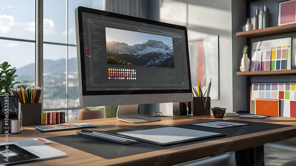 Poster a modern home office with a computer screen displaying photo editing software and a mountain landsca