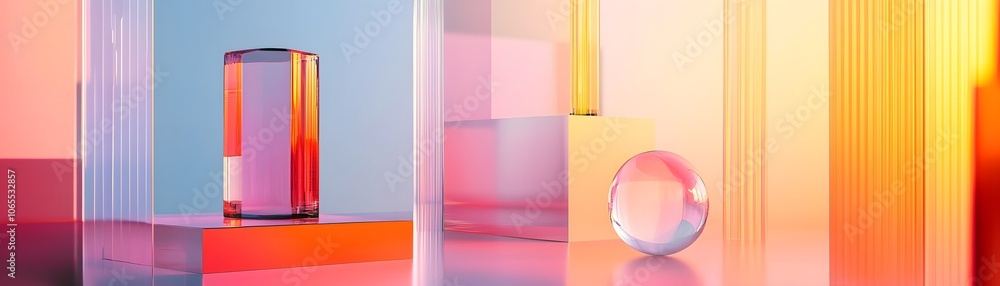Poster abstract minimalist composition with glass objects and colored light