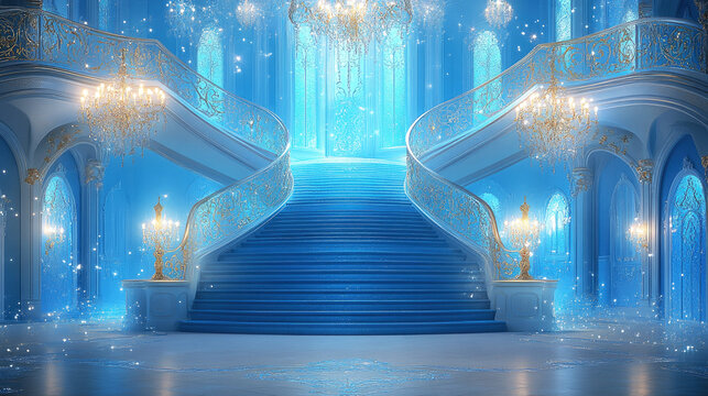 A grand, fairytale-like staircase with a blue and gold color scheme, illuminated by sparkling lights and chandeliers.