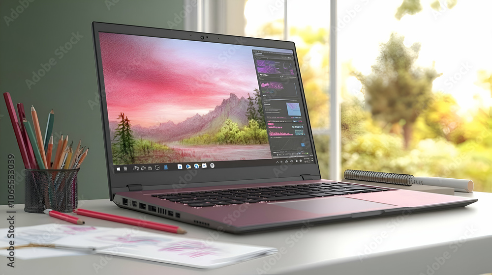 Poster a pink laptop computer with a colorful landscape background on the screen sits on a desk with colore
