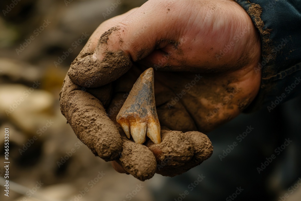 Poster a close-up of a hand holding a tooth with dirt clinging to it, likely from a carnivorous dinosaur, d