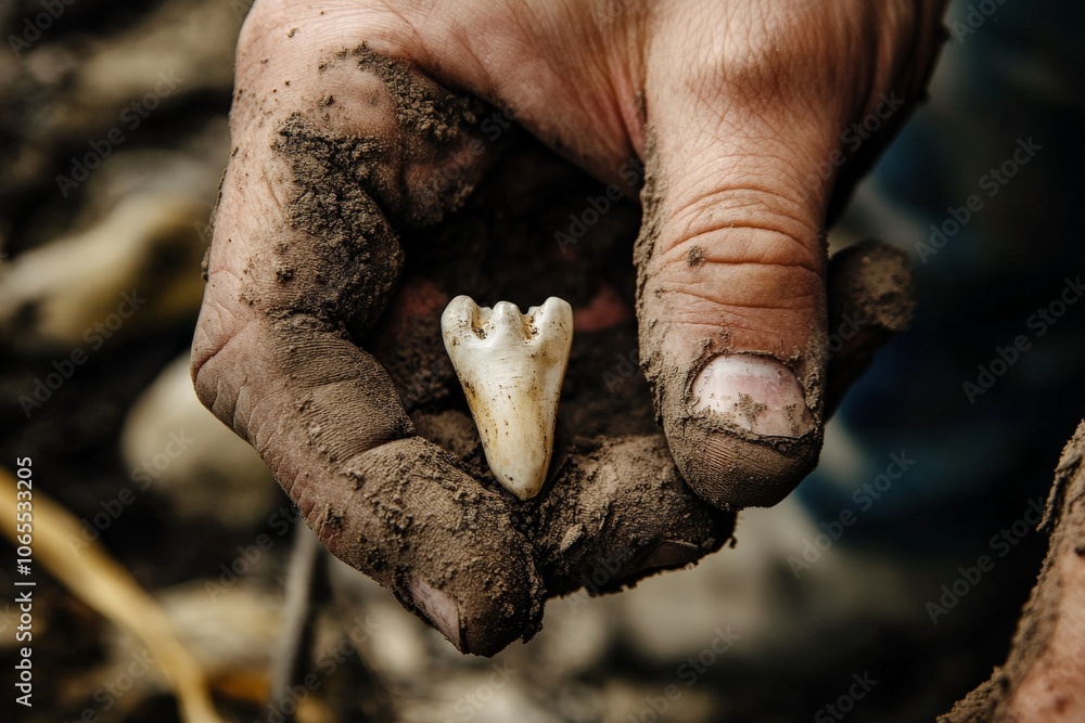 Poster A muddy hand presents a small white tooth fossil, emphasizing the meticulous process of unearthing and studying the remains of creatures from the distant past.