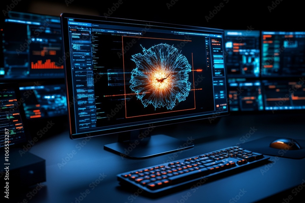 Poster Computer display with a 3D model showing measurements of a crack on a metal surface, emphasizing the use of advanced technology in defect analysis