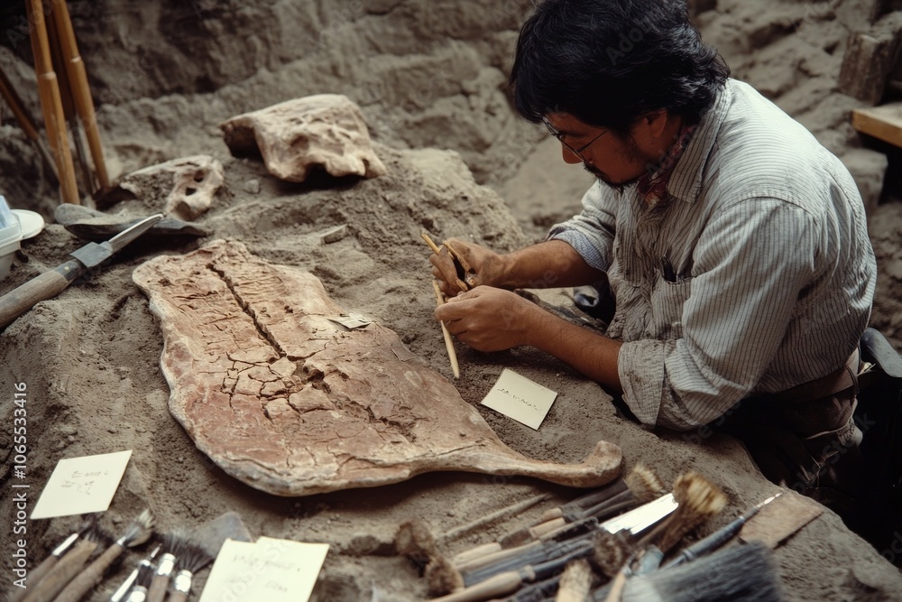Poster an archaeologist skillfully excavating a large dinosaur fossil slab at a dig site, revealing the hid