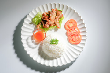 Hot food and cake sets in a simple cafe setting