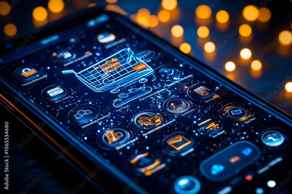 Poster detailed shot of a smartphone screen with a shopping cart full of online purchases, showing every ic