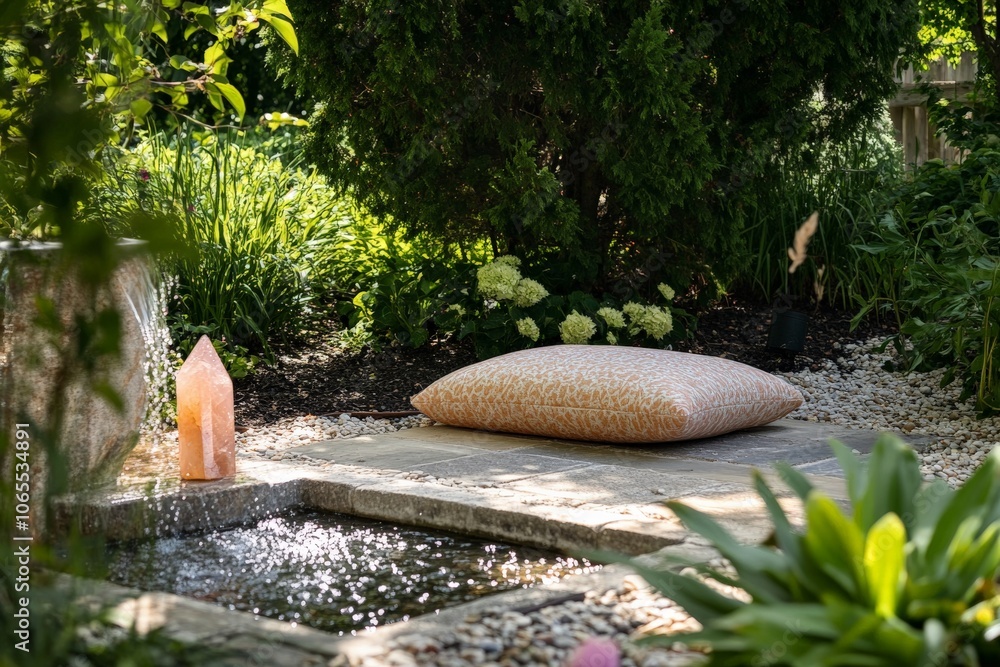 Aufkleber a soothing garden setting with a sparkling water feature, soft pillow, and shimmering crystal, nestl