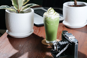 The iced coffee assortment with background palm shadows
