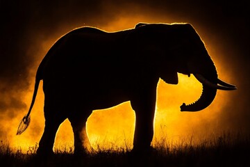 Naklejka premium A majestic elephant stands in silhouette against a vibrant and dramatic orange sunset, creating a striking and powerful visual contrast with nature’s beauty.