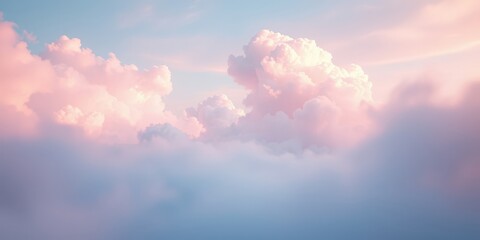 Fototapeta premium Soft, fluffy pink clouds drift across a pastel blue sky, creating a dreamy and ethereal landscape.
