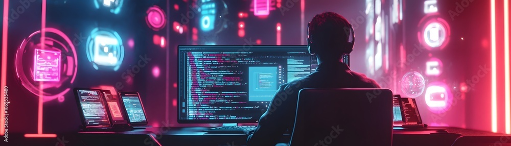 Aufkleber hacker working on a computer with neon lights in the background