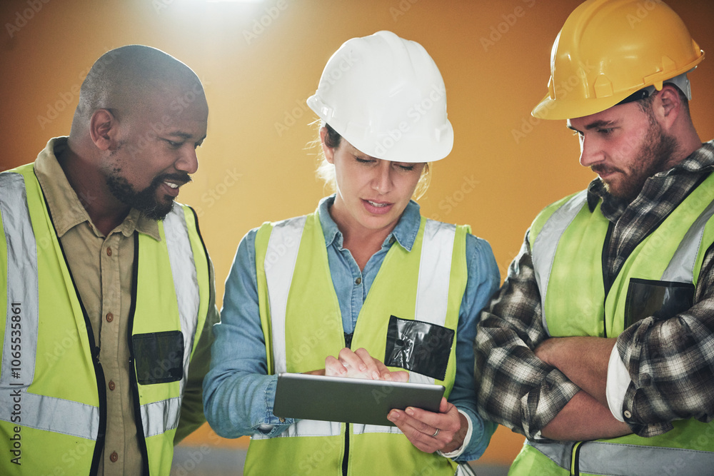 Poster construction, tablet and engineer for collaboration, architecture and project management as contract